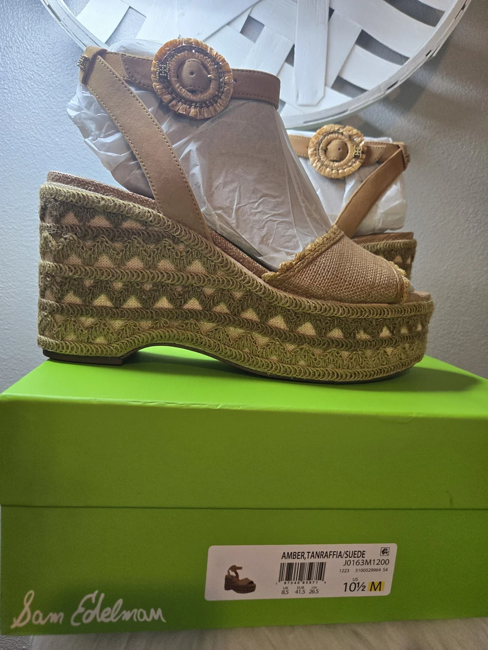 Sam Edelman Amber Wedge Platform Sandal in Tan with Ankle Strap New W Box Sz10.5